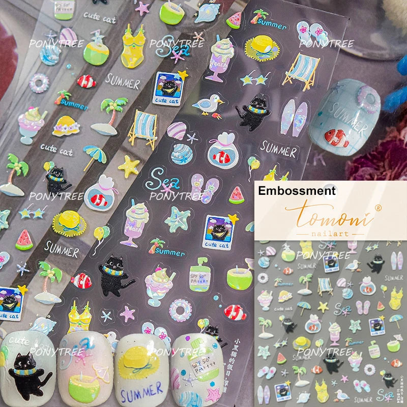 Transform Your Nails with Cute Cat Sunglasses 5D Nail Art Stickers - Perfect for Summer Manicures!