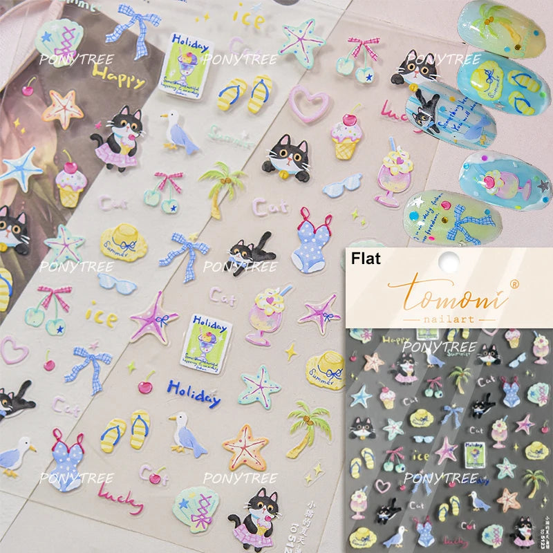 Transform Your Nails with Cute Cat Sunglasses 5D Nail Art Stickers - Perfect for Summer Manicures!