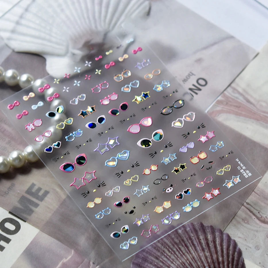 Transform Your Nails with Cute Cat Sunglasses 5D Nail Art Stickers - Perfect for Summer Manicures!