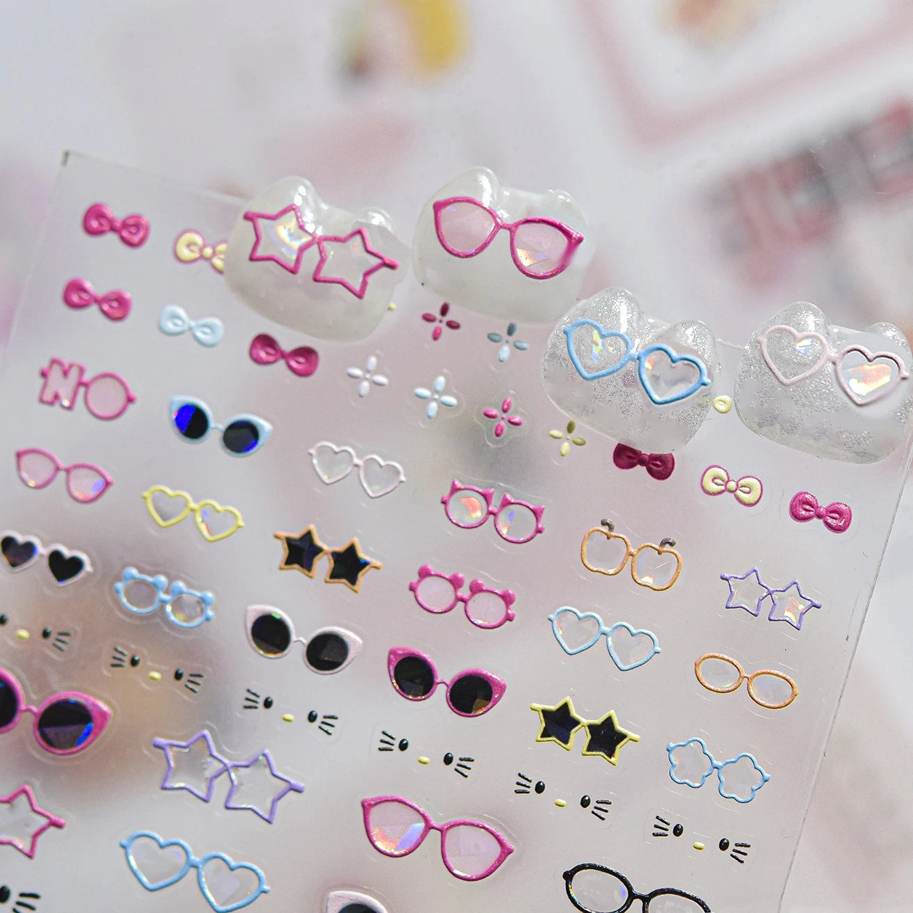 Transform Your Nails with Cute Cat Sunglasses 5D Nail Art Stickers - Perfect for Summer Manicures!