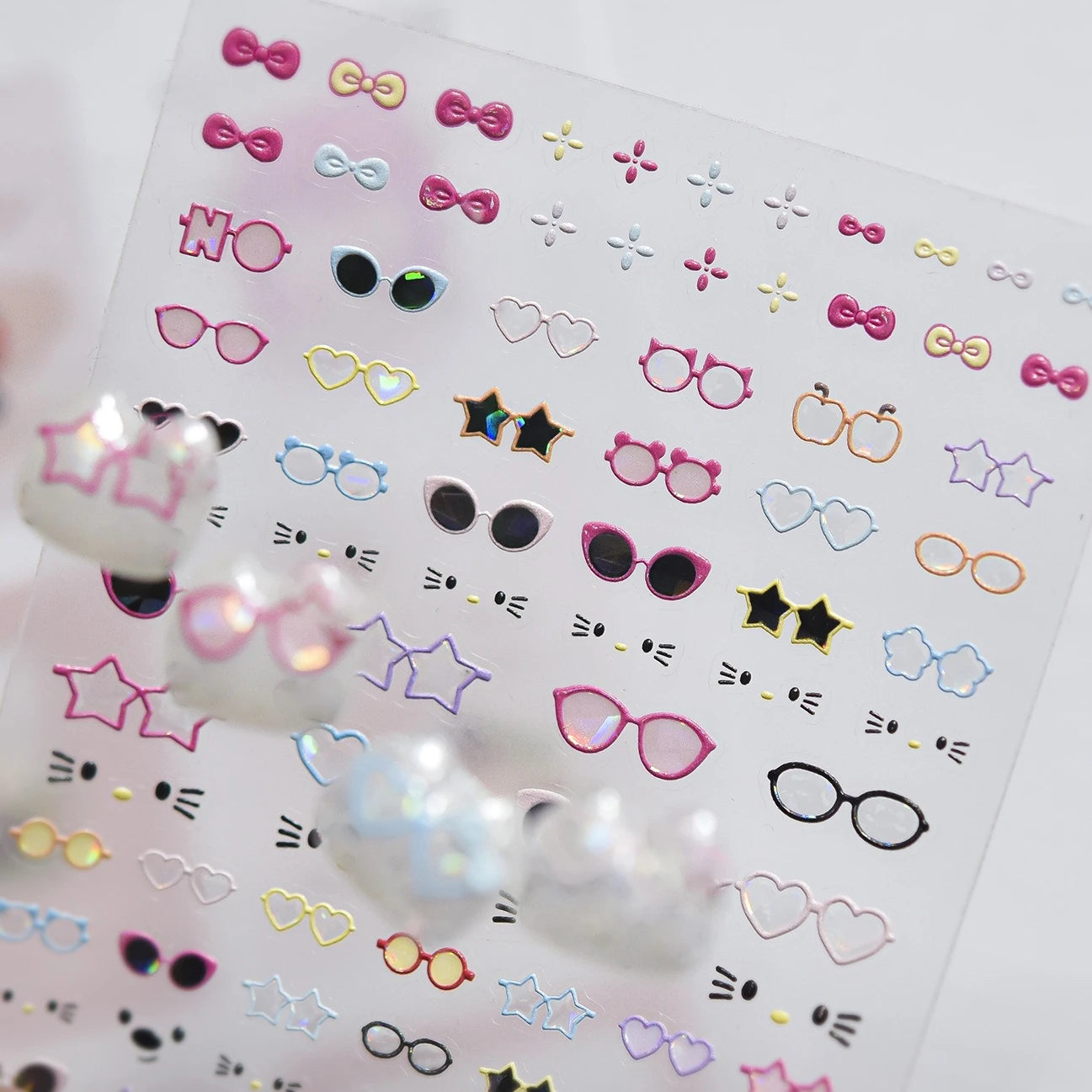 Transform Your Nails with Cute Cat Sunglasses 5D Nail Art Stickers - Perfect for Summer Manicures!