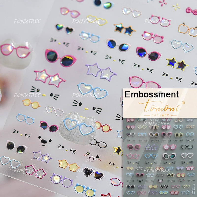 Transform Your Nails with Cute Cat Sunglasses 5D Nail Art Stickers - Perfect for Summer Manicures!