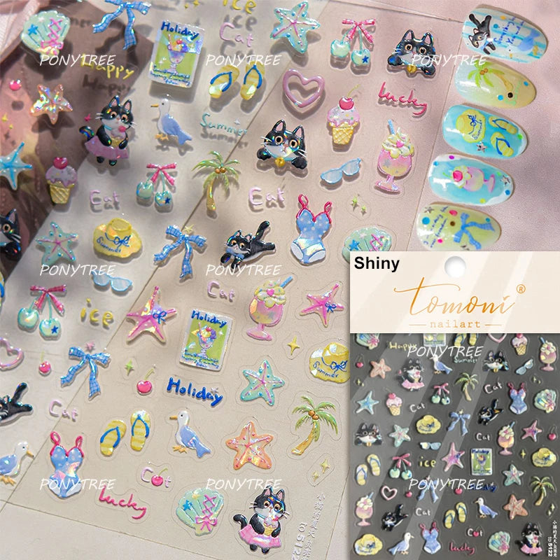 Transform Your Nails with Cute Cat Sunglasses 5D Nail Art Stickers - Perfect for Summer Manicures!